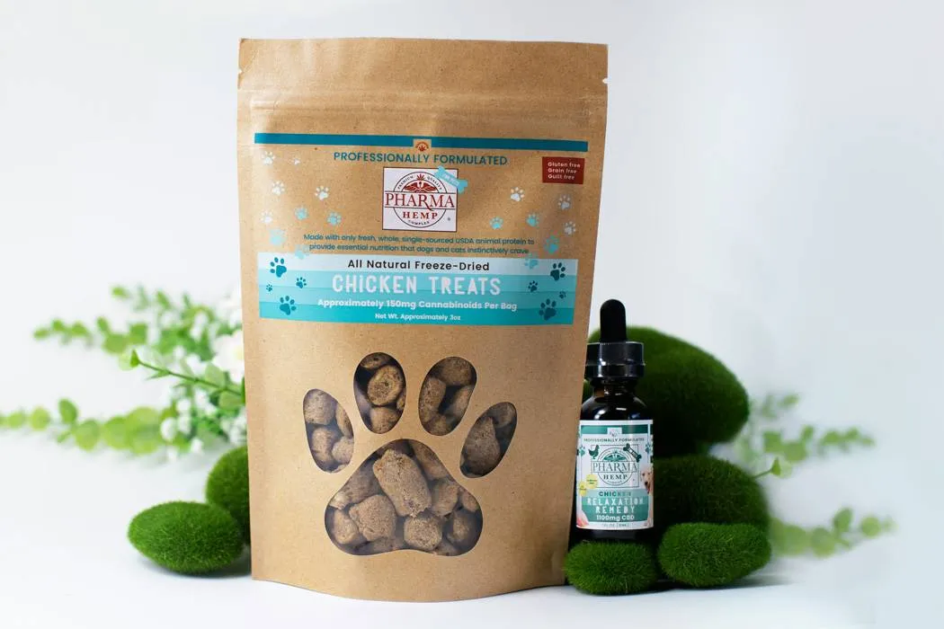Healthy dog treats in a brown sustainable bag with healthy oil drops